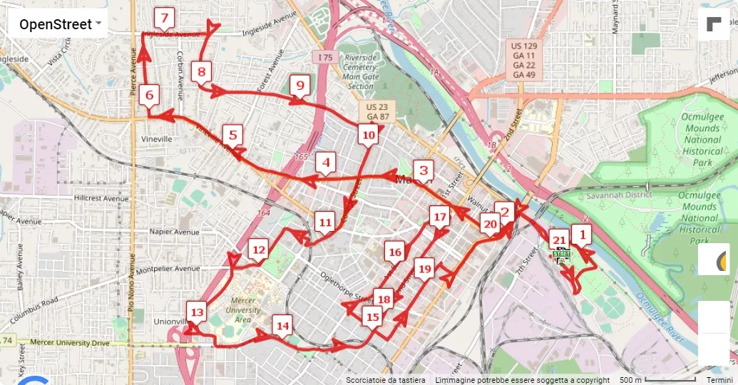 Macon Music Half Marathon, 21.0975 km race course map