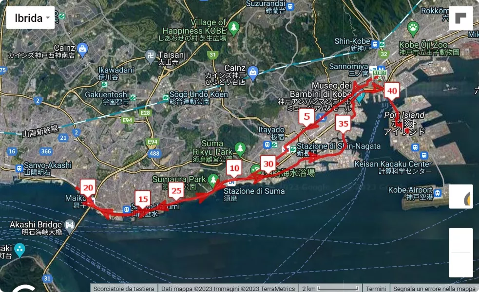 Kobe Marathon 2023, 42.195 km race course map