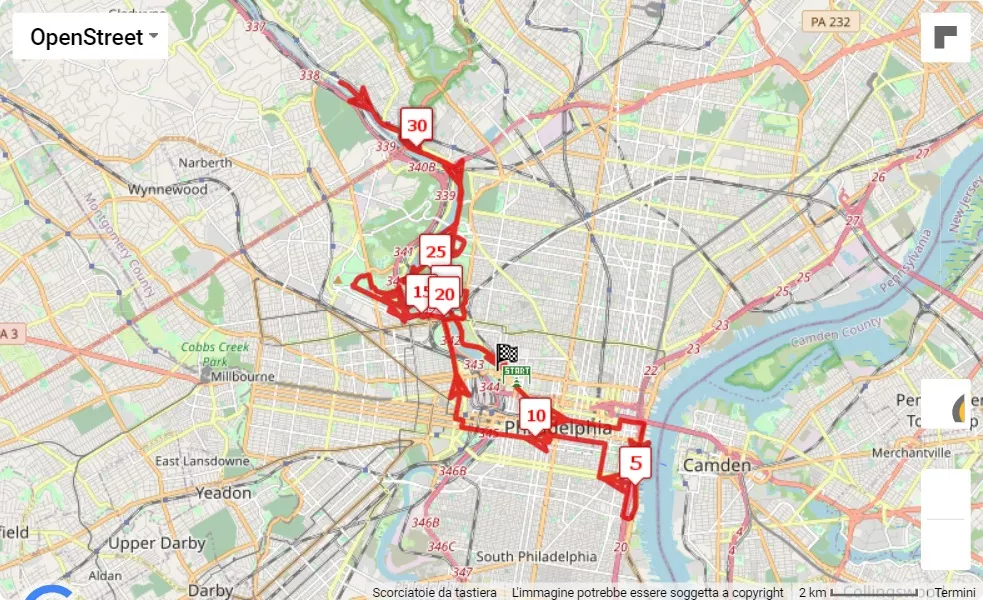 race course map AACR Philadelphia Marathon 2023