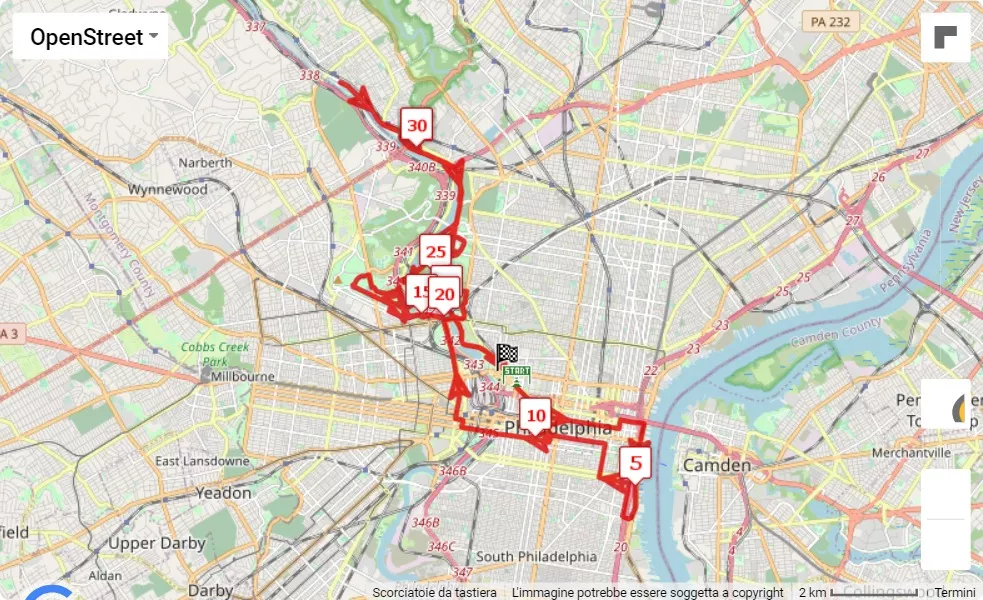 AACR Philadelphia Marathon 2023, 42.195 km race course map