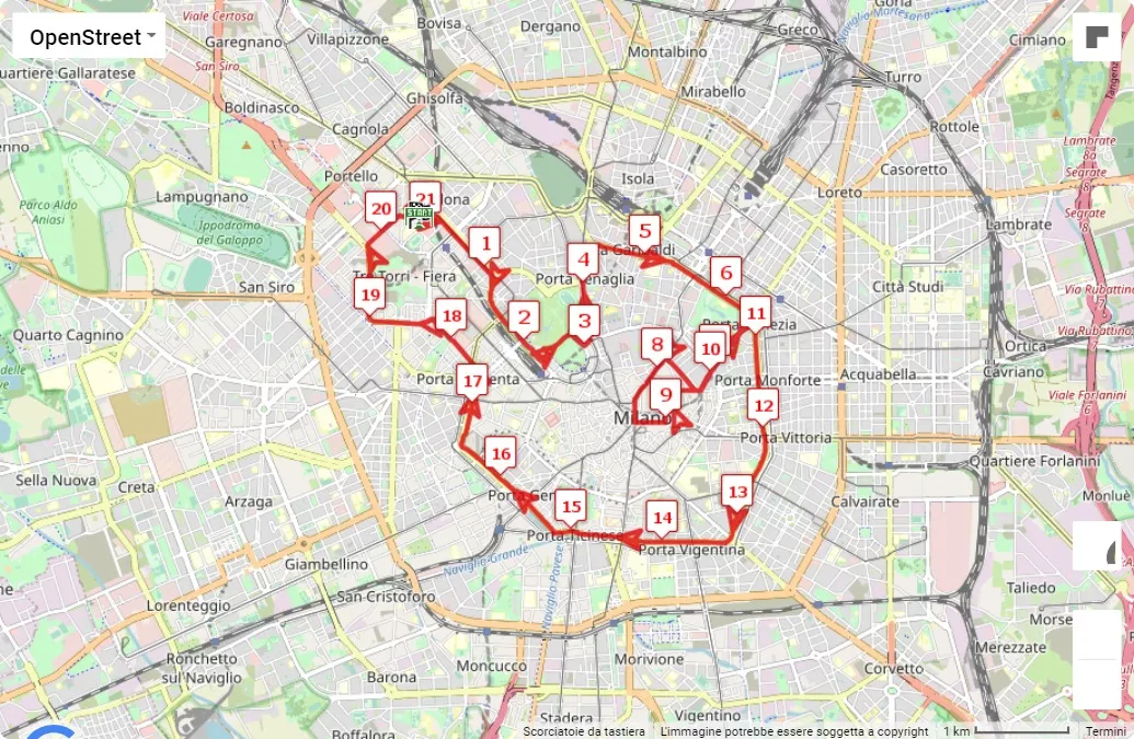 mappa percorso di gara 6° Milano21 Half Marathon