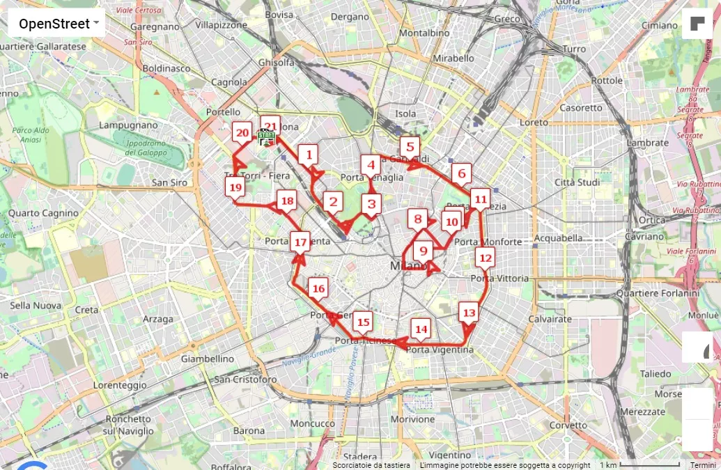 6° Milano21 Half Marathon, mappa percorso gara 21.0975 km