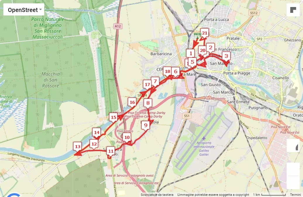24° Pisa Marathon - 14° La Pisanina - 10° Corsa dei Babbo Natale, mappa percorso gara 21.0975 km
