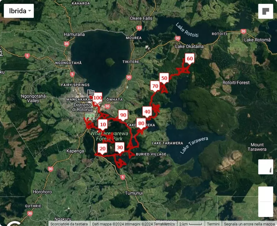 Tarawera Ultramarathon, 104.6 km race course map