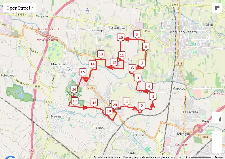 25° Marcia dell'Arcobaleno, mappa percorso gara 20 km