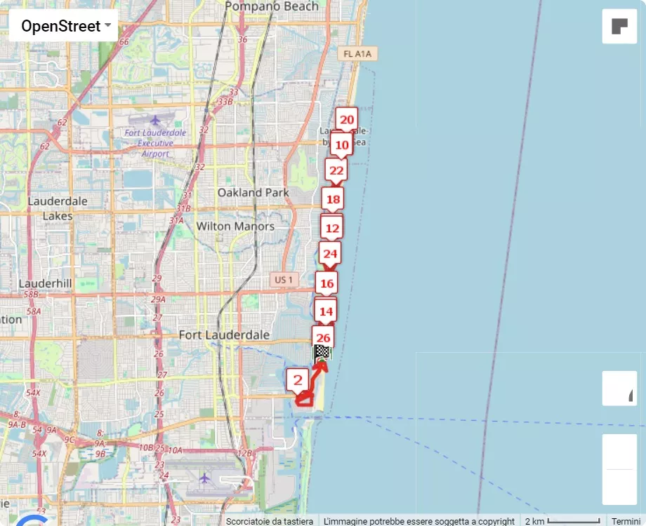 2024 Publix Fort Lauderdale A1A Marathon, 42.195 km race course map