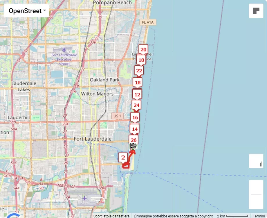 2024 Publix Fort Lauderdale A1A Marathon, mappa percorso gara 42.195 km