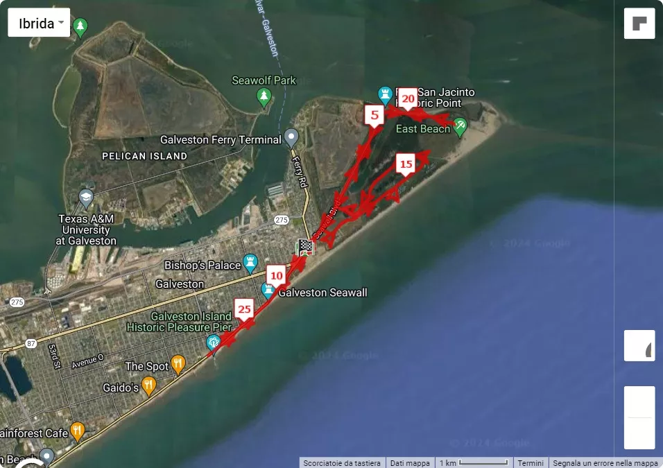 mappa percorso di gara Galveston Marathon