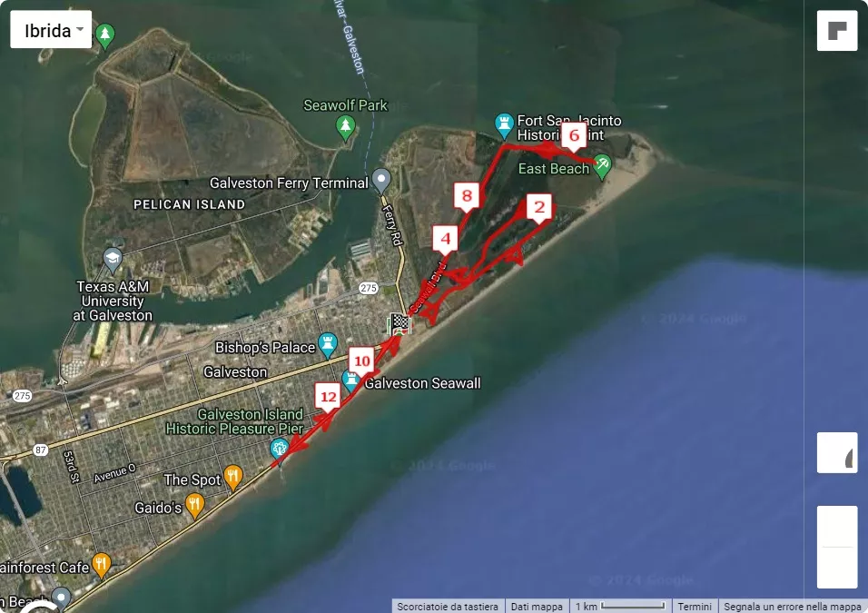 Galveston Marathon, 21.0975 km race course map