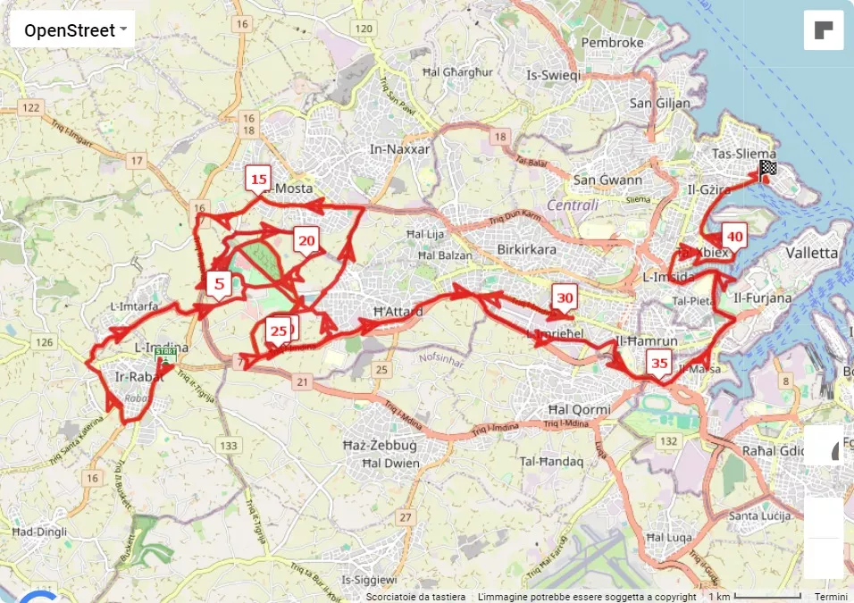 mappa percorso di gara Malta Marathon 2024