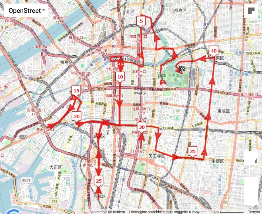 mappa percorso di gara Osaka Marathon 2024