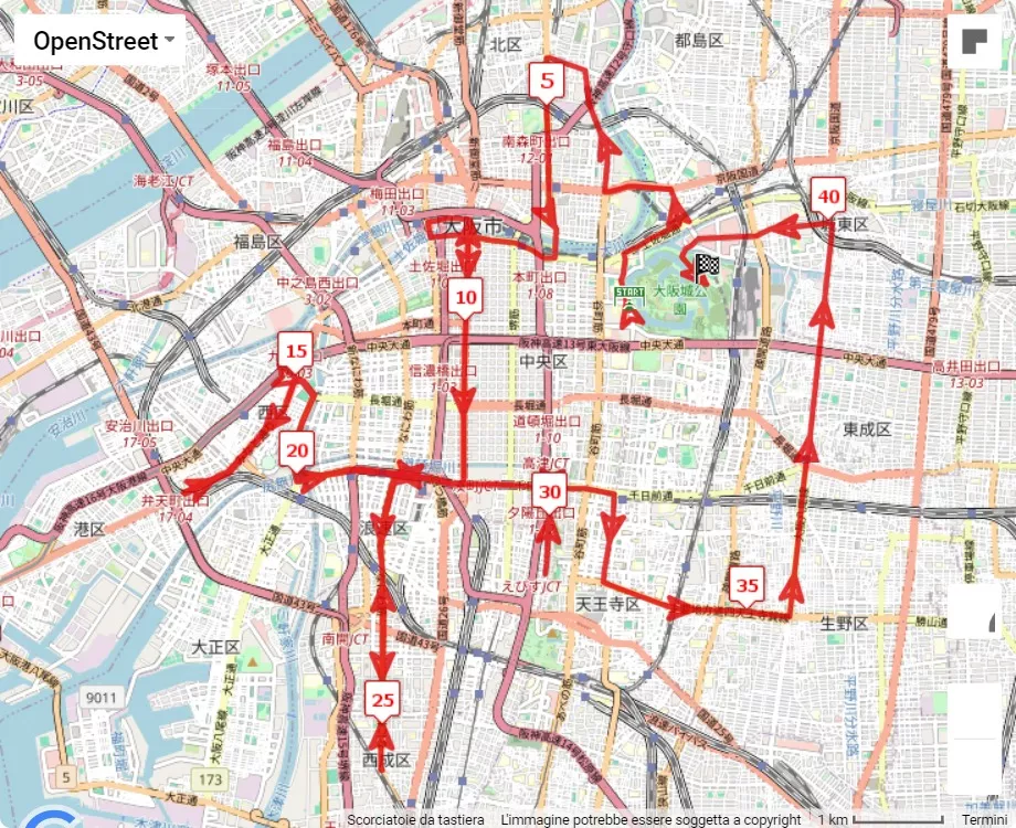 Osaka Marathon 2024 42.195 km course map.