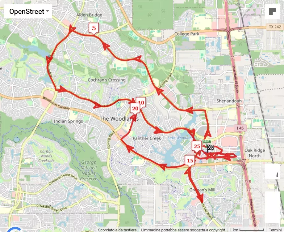 mappa percorso di gara The Woodlands Marathon