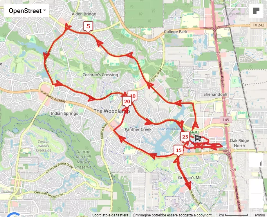 The Woodlands Marathon, mappa percorso gara 42.195 km