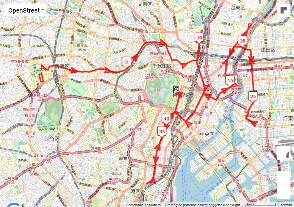 Tokio Marathon 2024, 42.195 km race course map