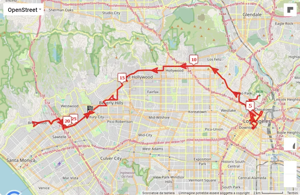 mappa percorso di gara 2024 Los Angeles Marathon