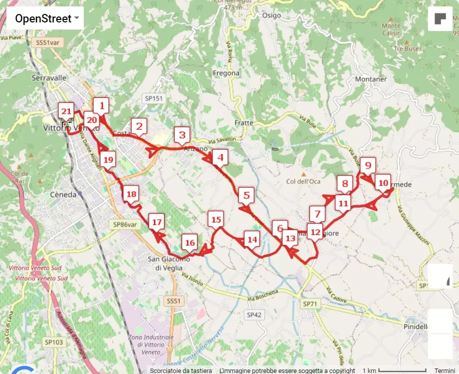 9° Maratonina della Vittoria, 21.0975 km race course map