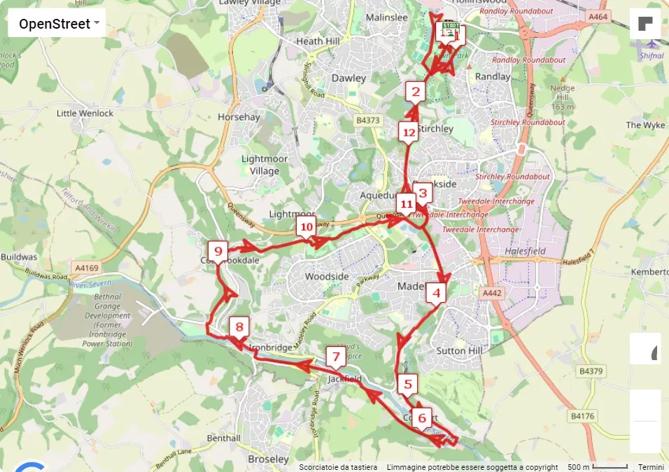 Ironbridge Half Marathon, 21.0975 km race course map