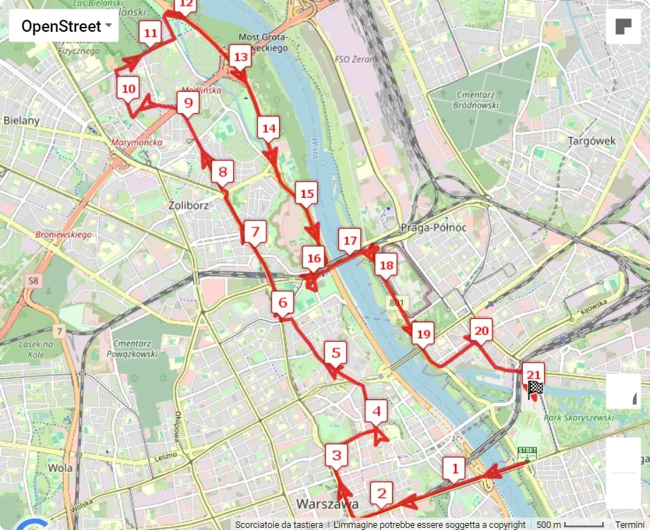 18th Nationale-Nederlanden Warsaw Half Marathon, 21.0975 km race course map