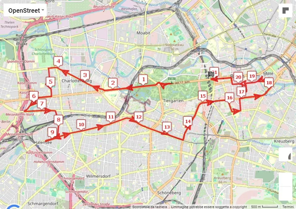 Generali Berlin Half Marathon, 21.0975 km race course map