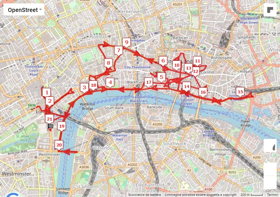 London Landmarks Half Marathon, 21.0975 km race course map