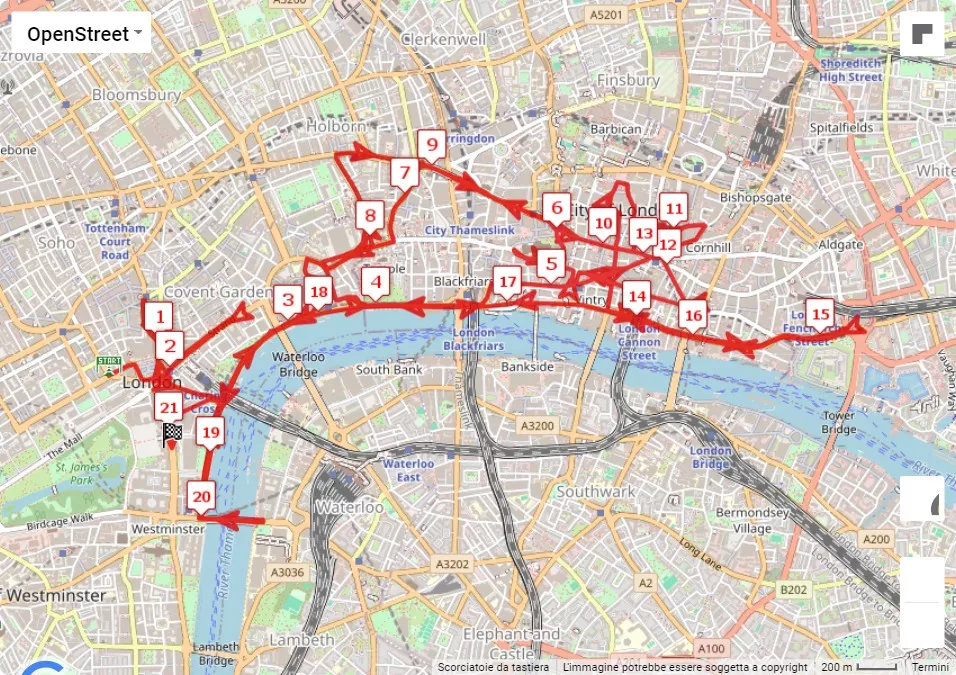 London Landmarks Half Marathon, mappa percorso gara 21.0975 km