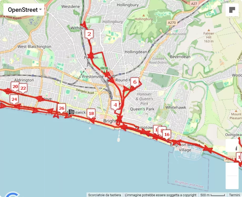 mappa percorso di gara Brighton Marathon 2024