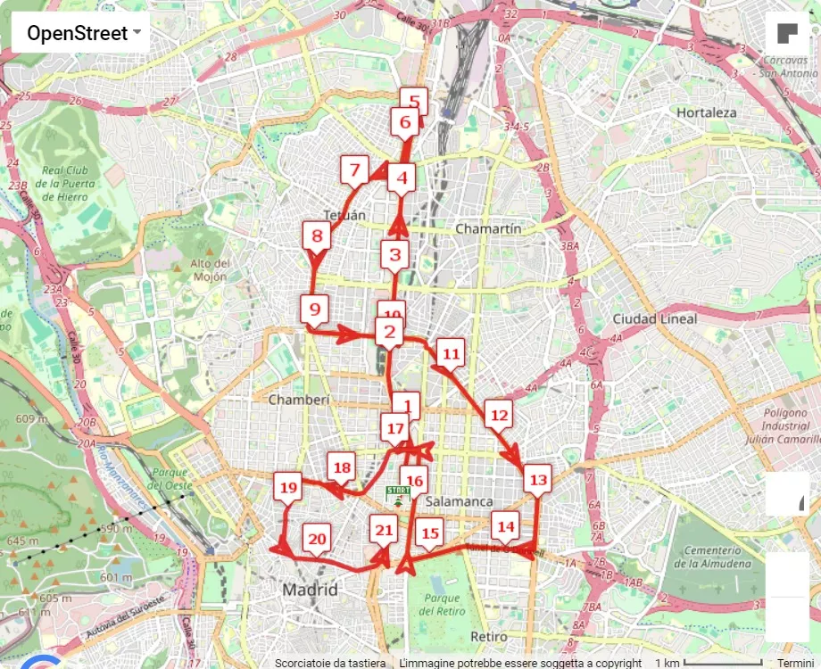 Movistar Madrid Medio Maratón 2024, 21.0975 km race course map