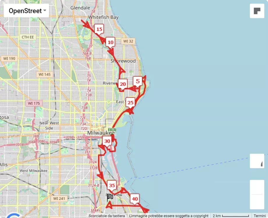 mappa percorso di gara Milwaukee Marathon