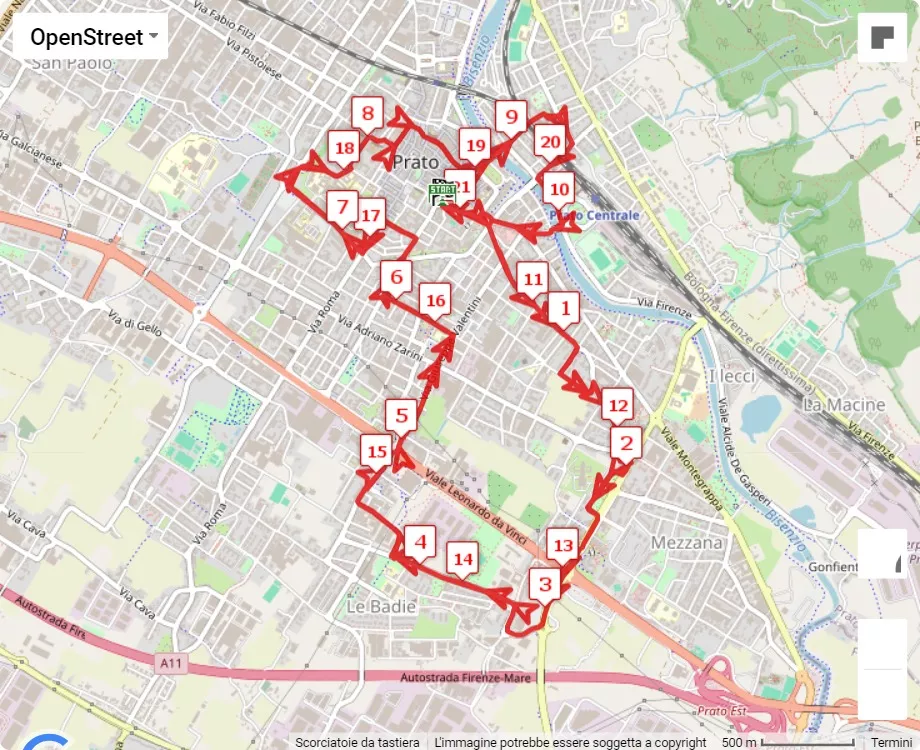 Prato Half Marathon 2024, 21.0975 km race course map
