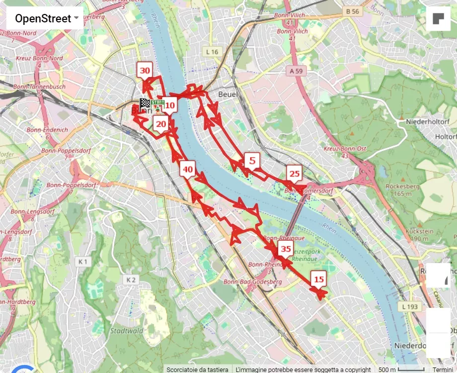 Deutsche Post Marathon Bonn, 42.195 km race course map