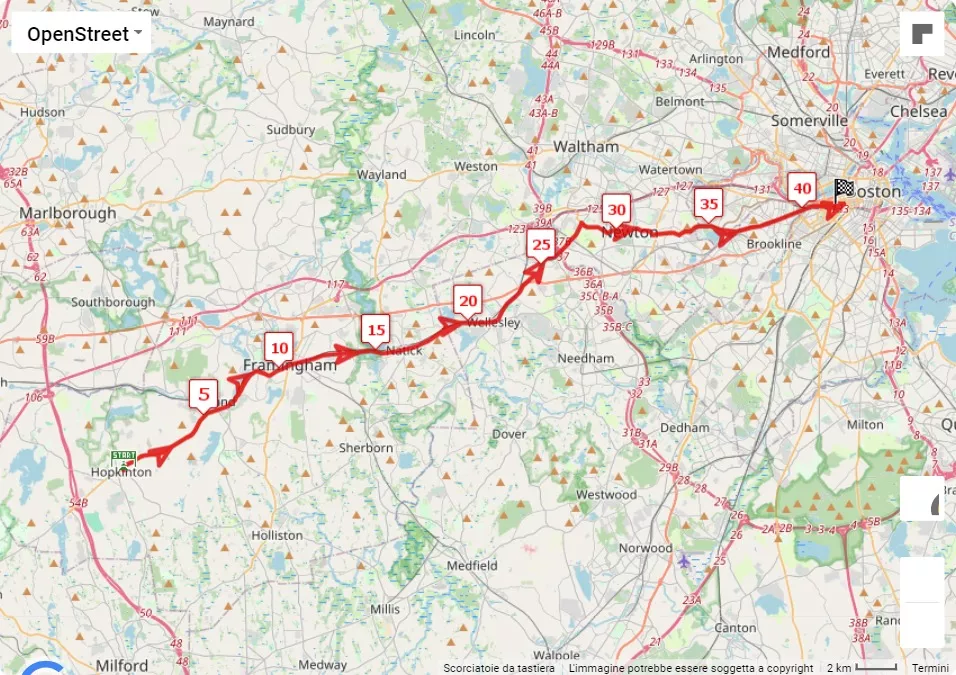 mappa percorso di gara Boston Marathon 2024