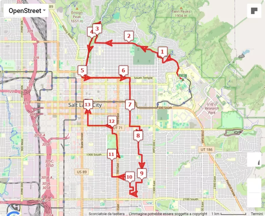 Salt Lake City Marathon, 21.0975 km race course map