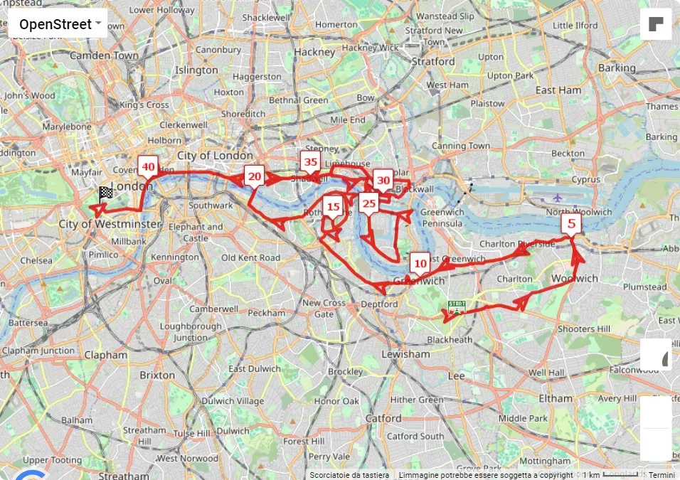 mappa percorso di gara TCS London Marathon