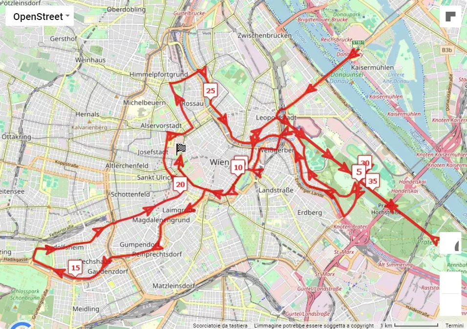 mappa percorso di gara Vienna city marathon 2024