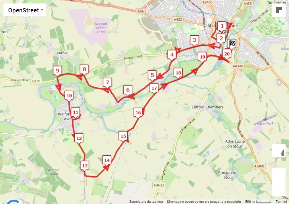 Shakespeare Half Marathon & Marathon, 21.0975 km race course map