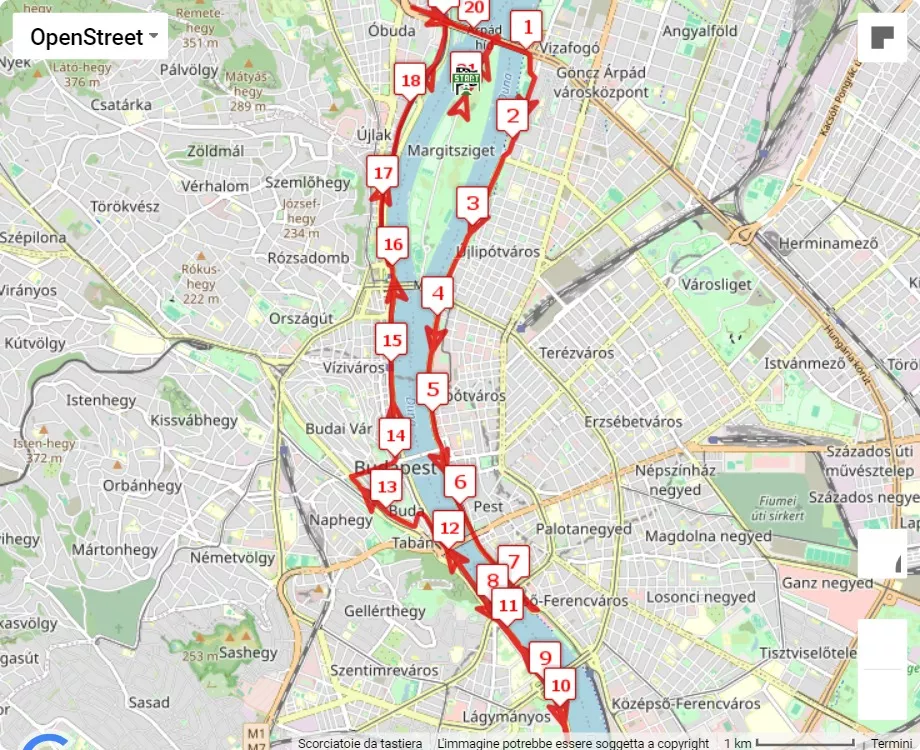 Telekom Vivicitta Half Marathon Budapest, mappa percorso gara 21.0975 km