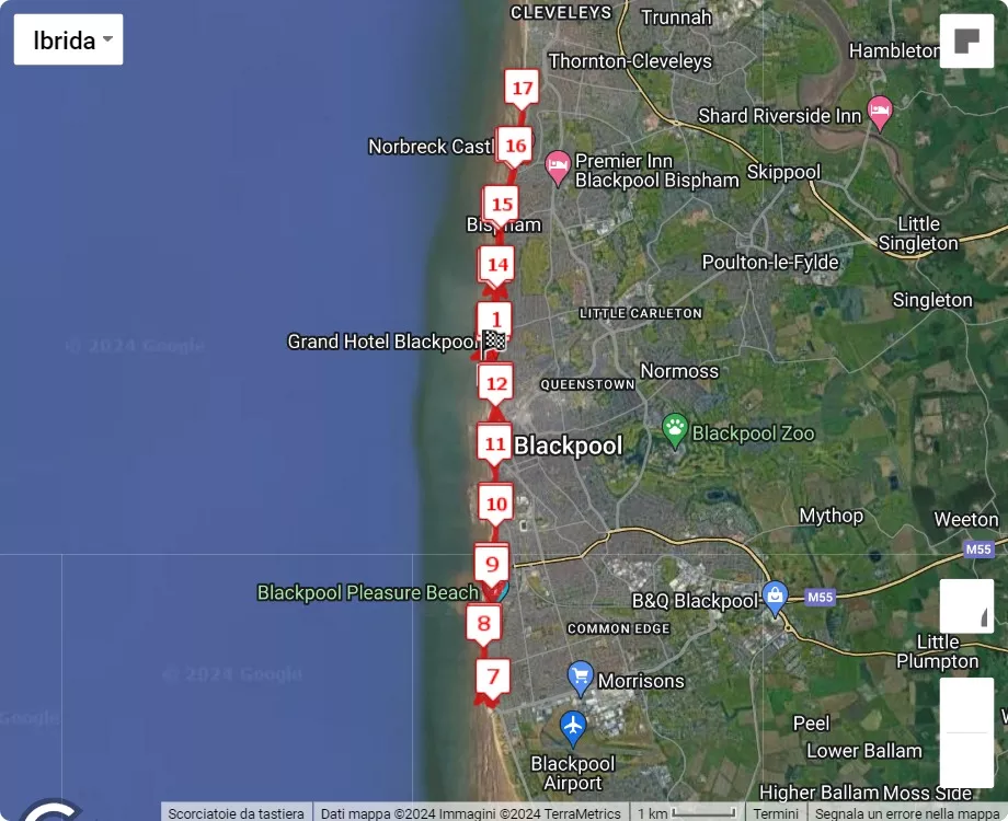 Blackpool Festival of Running 2024, mappa percorso gara 21.0975 km