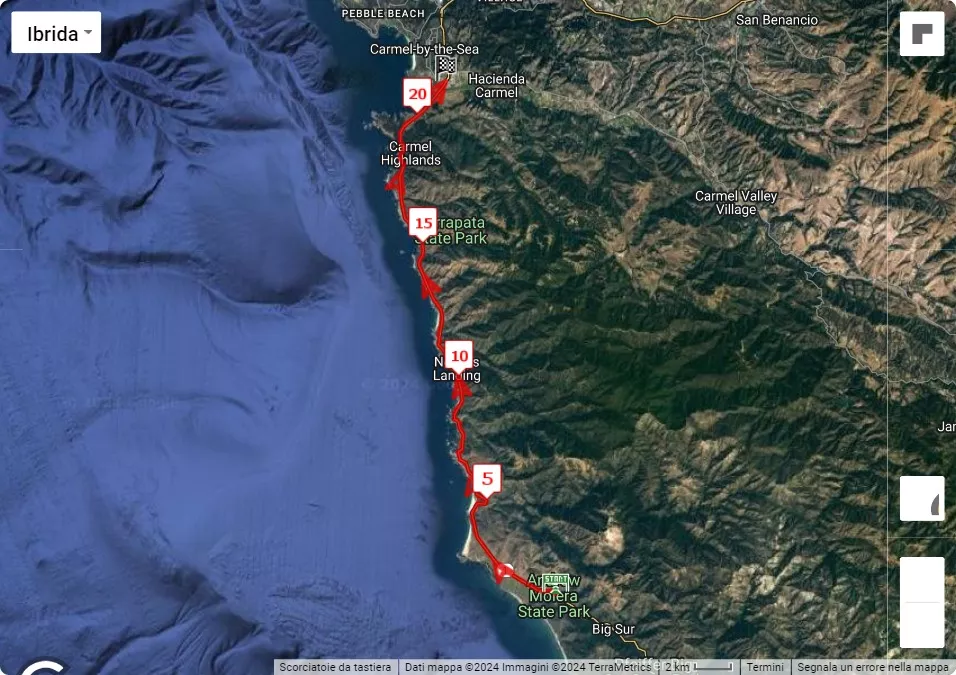 Big Sur Internation Marathon 2024, 33.789 km race course map