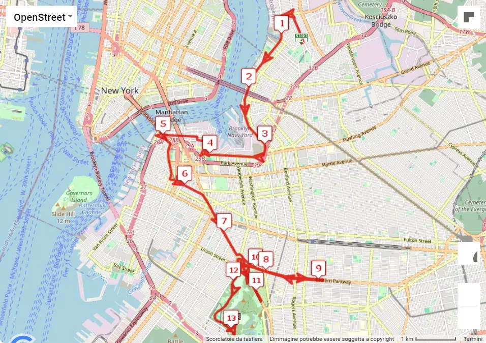 NYCRUNS Brooklyn Half Marathon, mappa percorso gara 21.0975 km