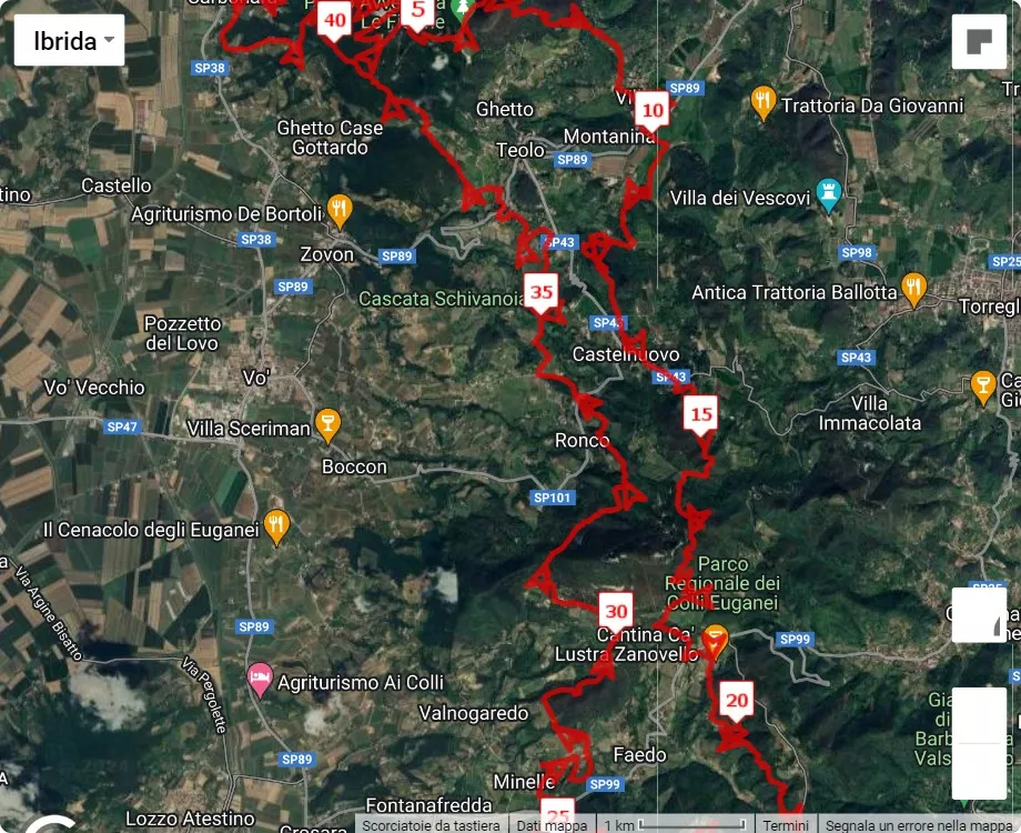 38° Traversata dei Colli Euganei, mappa percorso gara 42 km