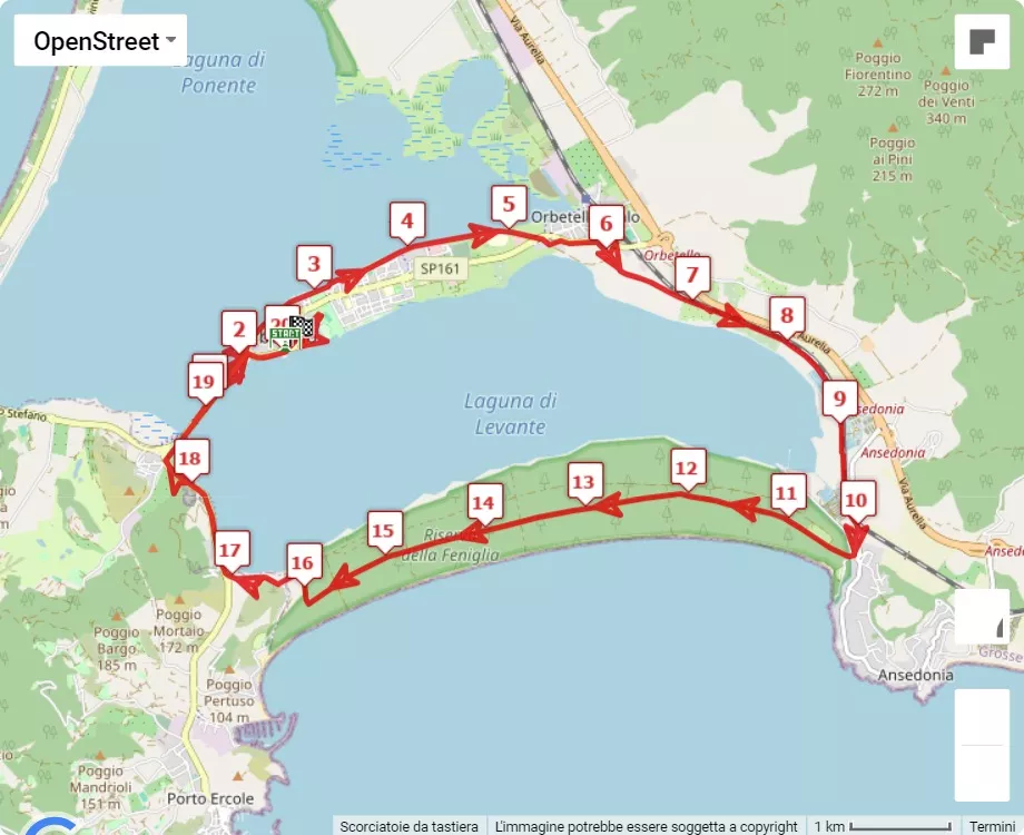Orbetello half marathon, 21.0975 km race course map