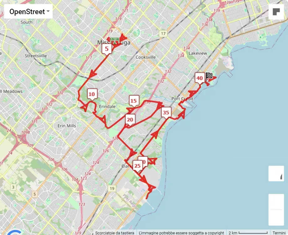 mappa percorso di gara Beneva Mississauga Marathon