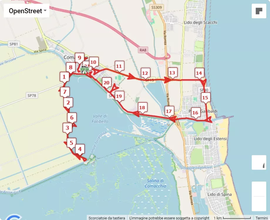 mappa percorso di gara 3° Comacchio Half Marathon