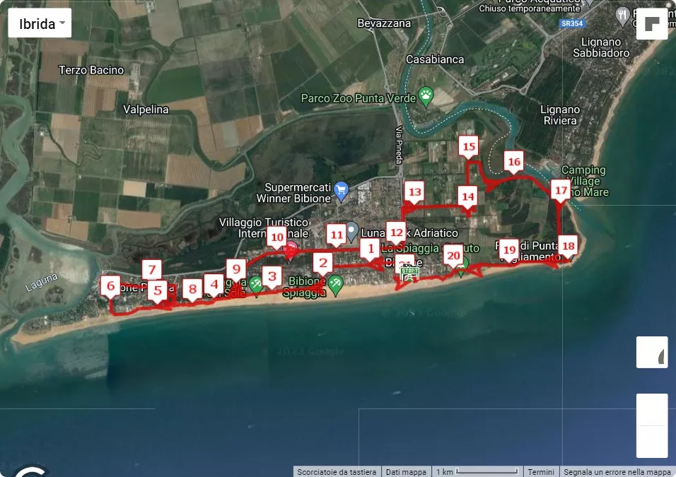 8° Bibione Half Marathon, mappa percorso gara 21.0975 km