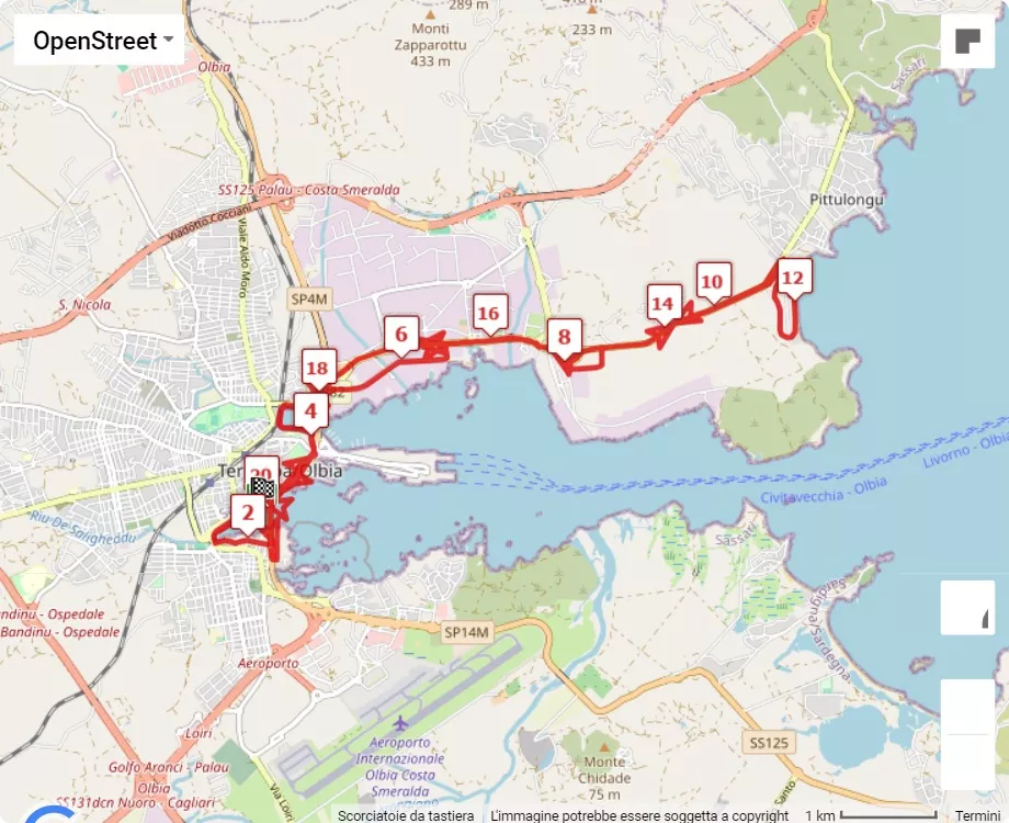 Olbia21 Mezza Maratona e 10K, mappa percorso gara 21.0975 km