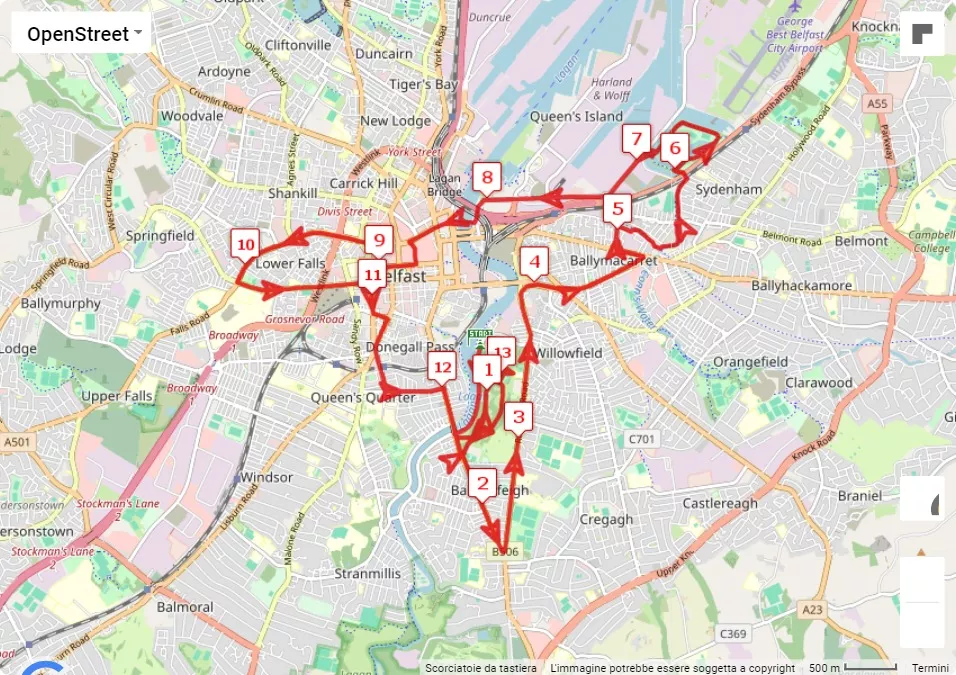 2024 Moy Park Belfast City Marathon, 21.0975 km race course map