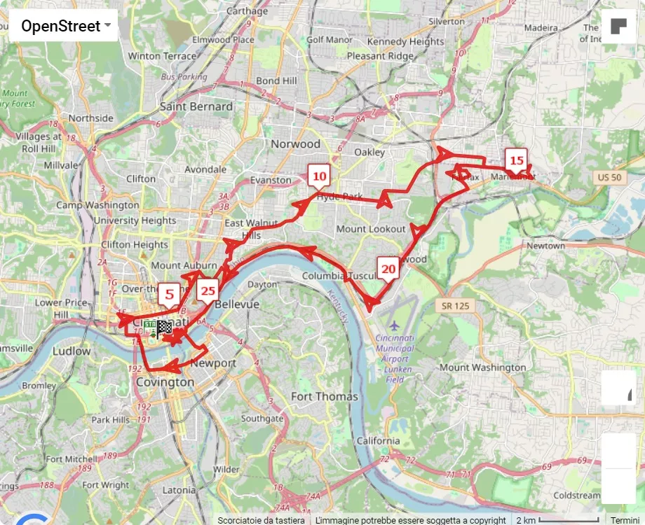 mappa percorso di gara Cincinnati Flying Pig Marathon 2024