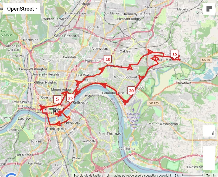 Cincinnati Flying Pig Marathon 2024 42.195 km course map.