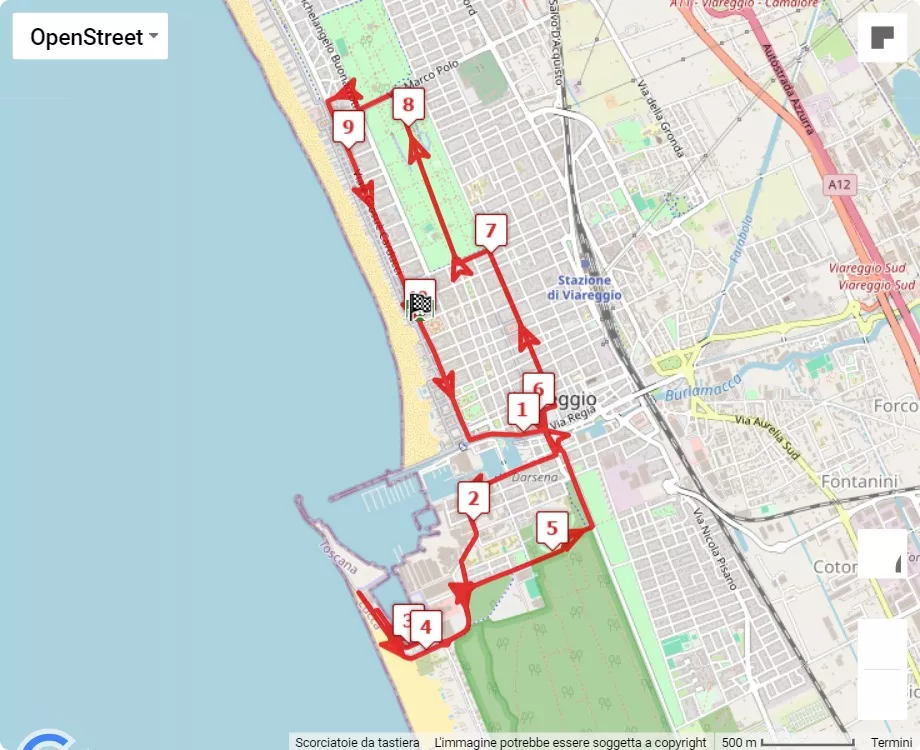 mappa percorso di gara Deejay Ten Viareggio 2024